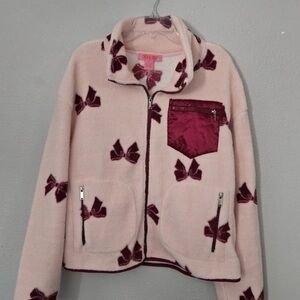Coco & Shay Women’s Pink Bow Fleece Jacket with Burgundy Accents